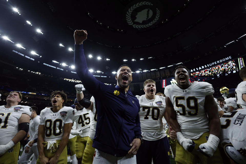 NEW ORLEANS, LOUISIANA - JANUARY 02: Head coach Marcus Freeman of the Notre Dame Fighting Irish celebrates with his team after a 23-10 victory against the Georgia Bulldogs in the 91st Allstate Sugar Bowl at Caesars Superdome on January 02, 2025 in New Orleans, Louisiana. (Photo by Sean Gardner/Getty Images)