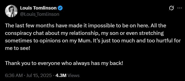Louis Tomlinson expresses anger over conspiracy chats involving his personal life