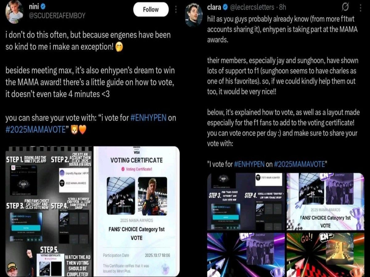 F1 fan's posts on X (Image via X/@leclercsletters and @SCUDERIAFEMBOY)