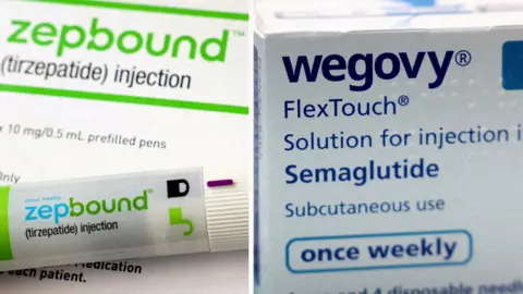 Reuters A combination image shows an injection pen of Zepbound, Eli Lilly's weight loss drug, and boxes of Wegovy, made by Novo Nordisk.